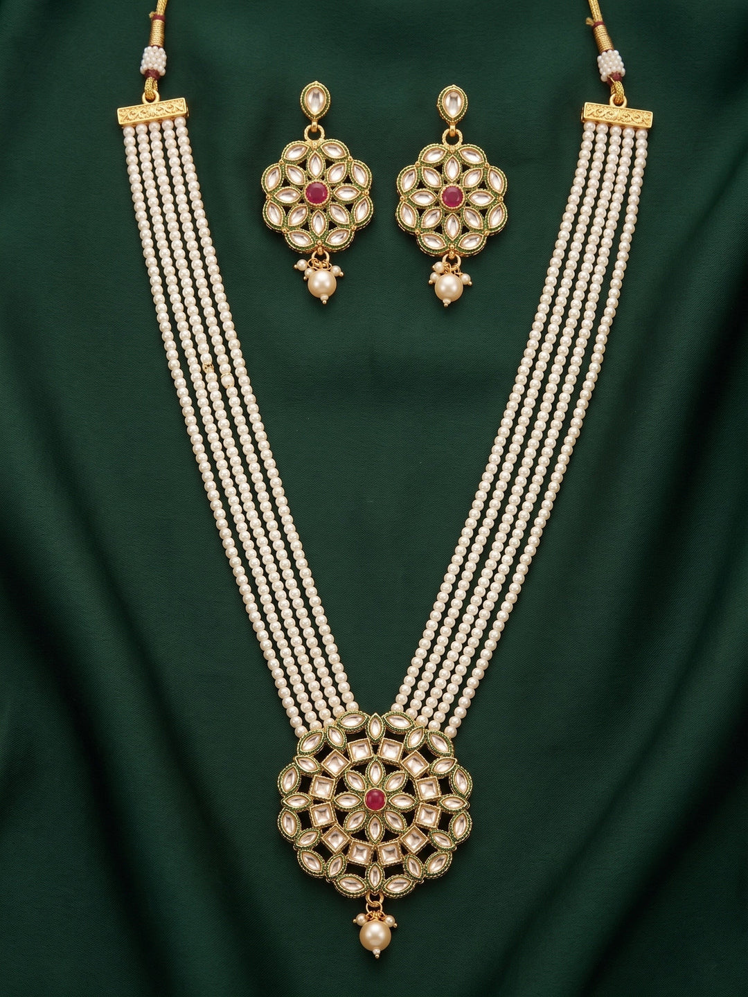 Gold-Toned Pearl Layered Kundan Necklace Set with Matching Earrings for Women
