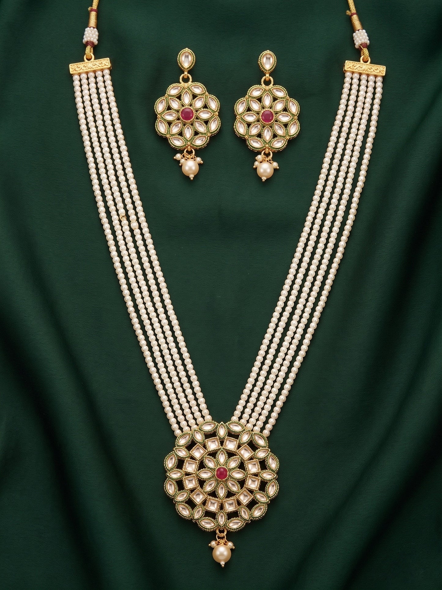 Gold-Toned Pearl Layered Kundan Necklace Set with Matching Earrings for Women