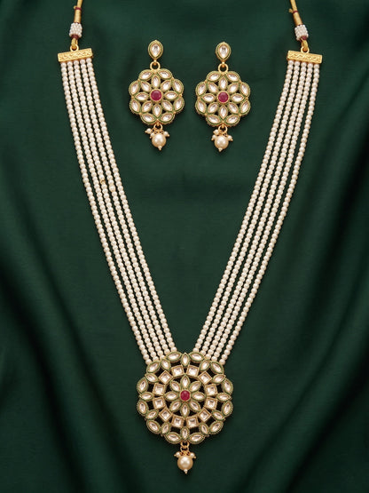 Gold-Toned Pearl Layered Kundan Necklace Set with Matching Earrings for Women