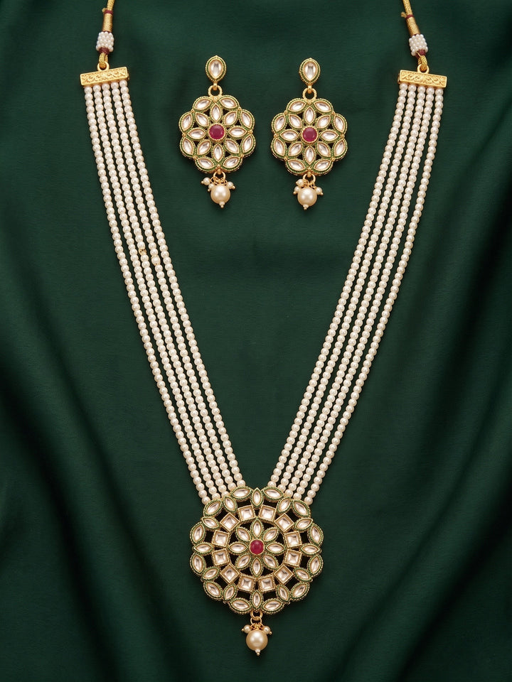 Gold-Toned Pearl Layered Kundan Necklace Set with Matching Earrings for Women
