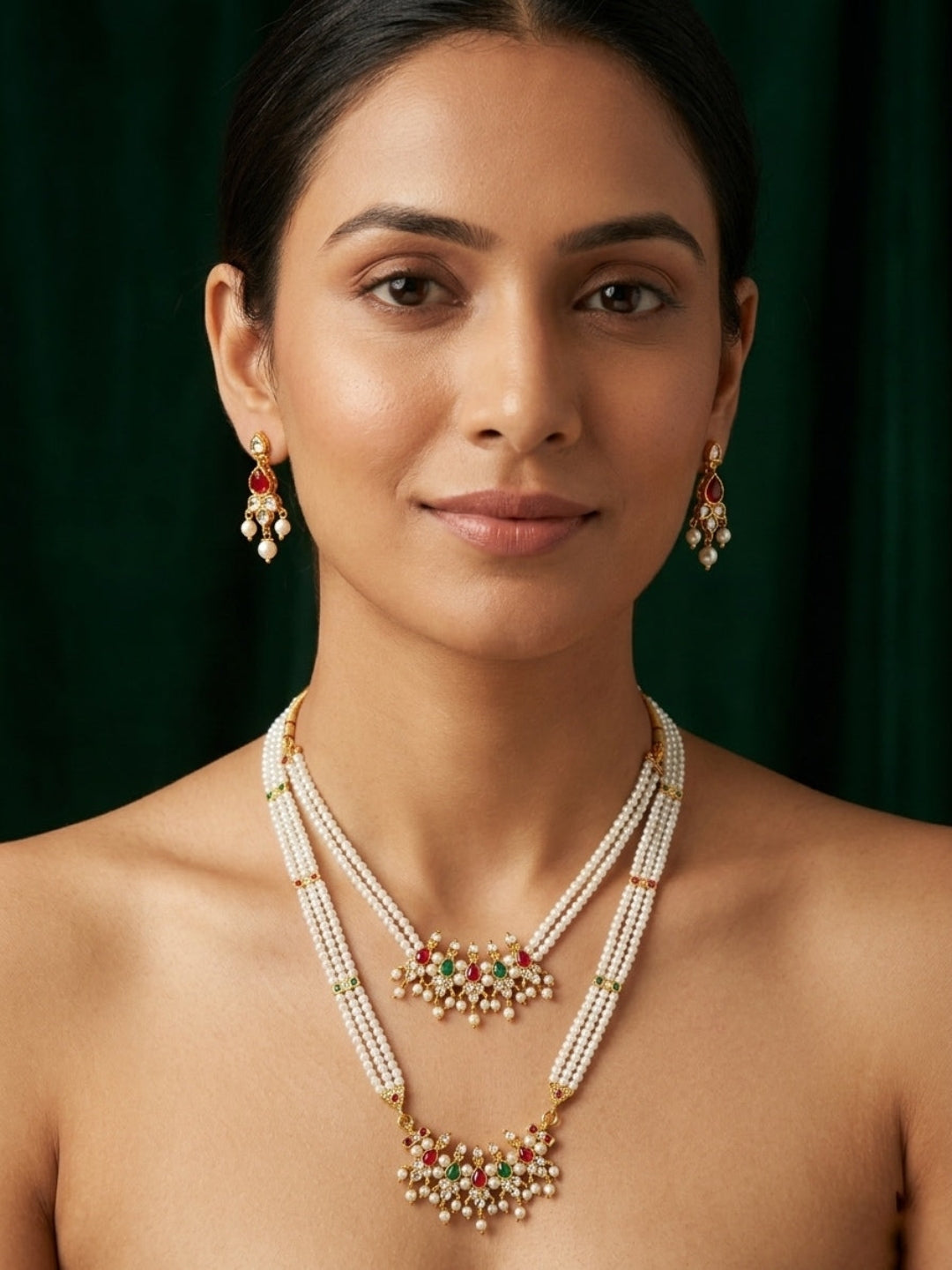 Gold-Toned Pearl Layered Necklace Set with Matching Earrings