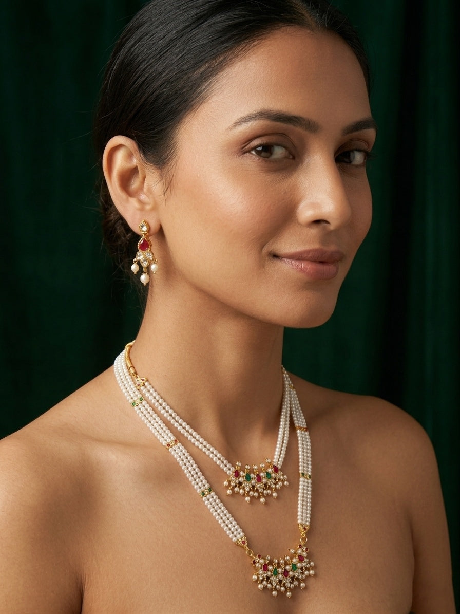 Gold-Toned Pearl Layered Necklace Set with Matching Earrings