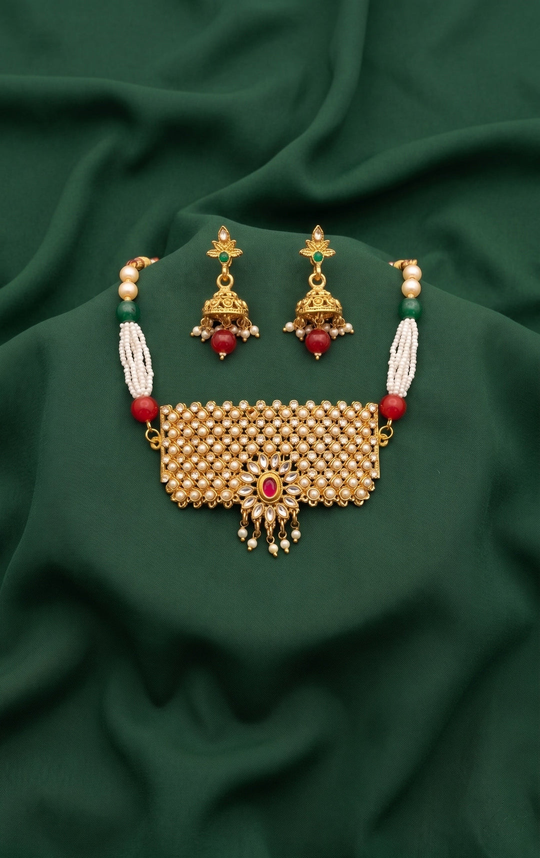 Gold Plated Kundan Beaded Rajwadi Necklace With Earrings