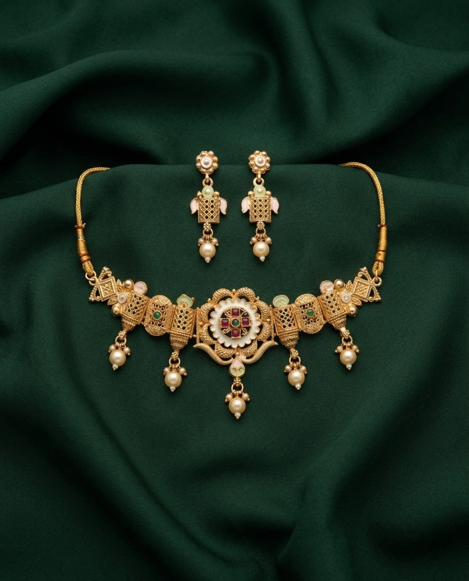 Gold Plated Treditional Choker Necklace &amp; Earrings