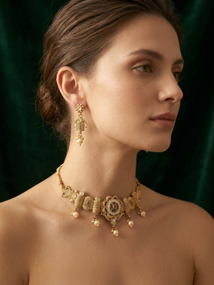 Gold Plated Treditional Choker Necklace &amp; Earrings