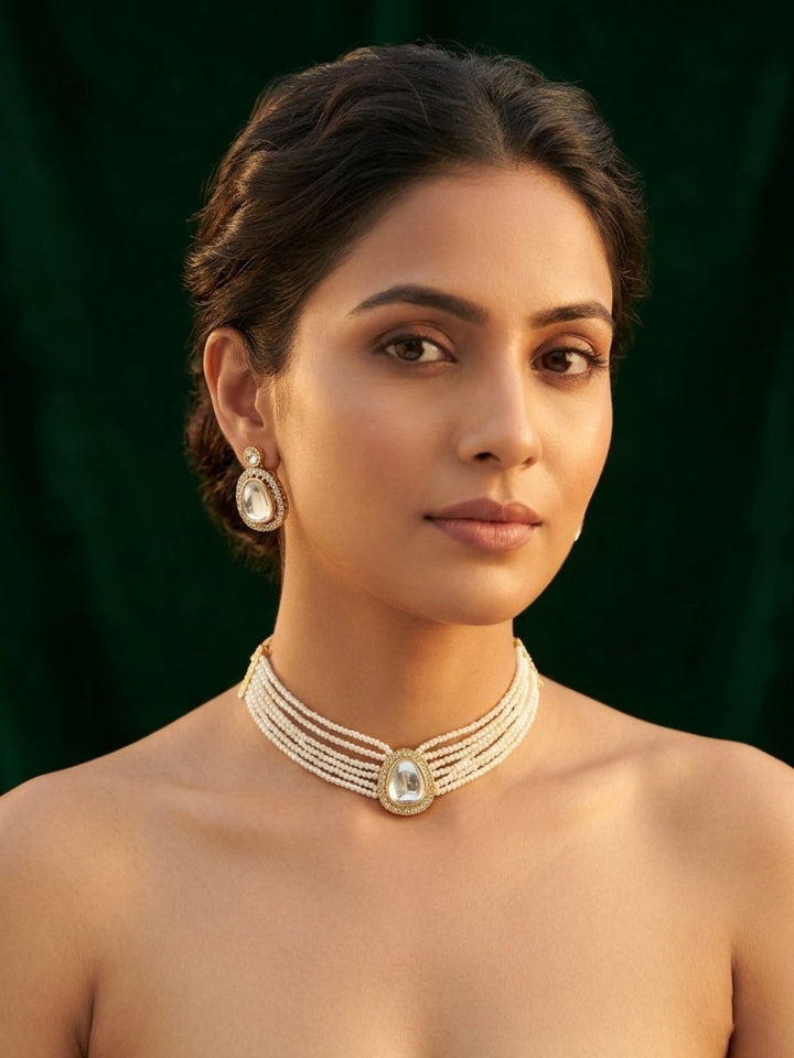 Gold-Toned Pearl Layered Necklace Set with Matching Earrings