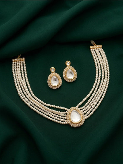 Gold-Toned Pearl Layered Necklace Set with Matching Earrings