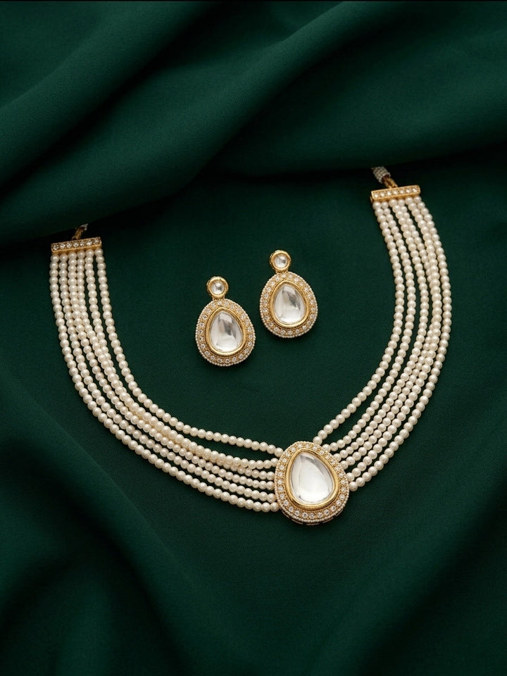 Gold-Toned Pearl Layered Necklace Set with Matching Earrings