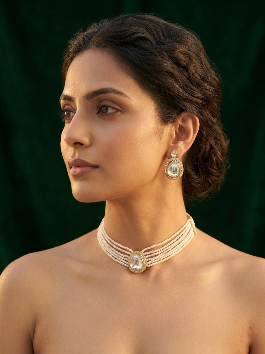 Gold-Toned Pearl Layered Necklace Set with Matching Earrings