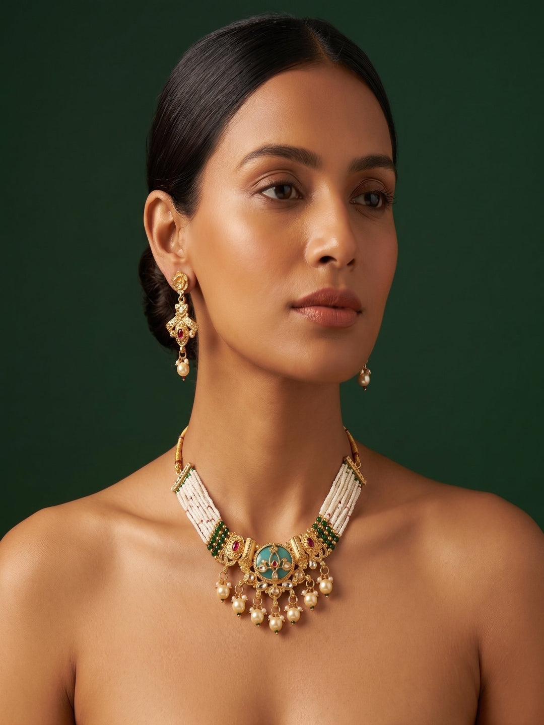 Gold-Toned Pearl Layered Necklace Set with Matching Earrings