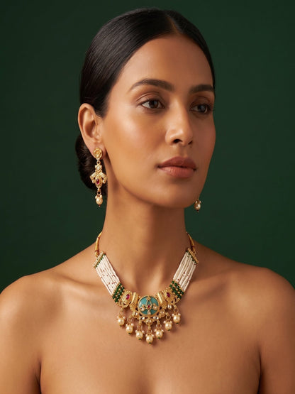 Gold-Toned Pearl Layered Necklace Set with Matching Earrings