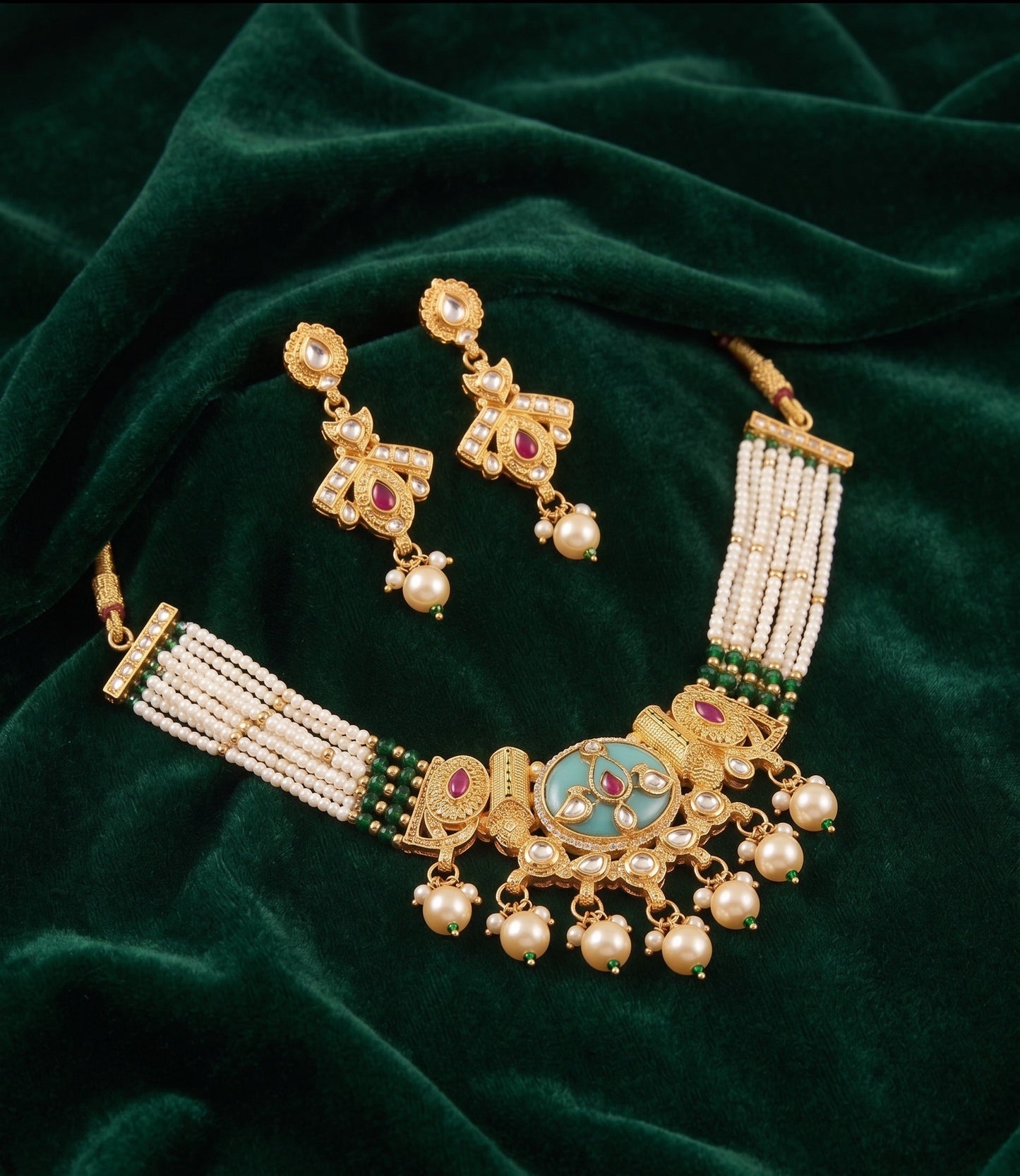 Gold-Toned Pearl Layered Necklace Set with Matching Earrings