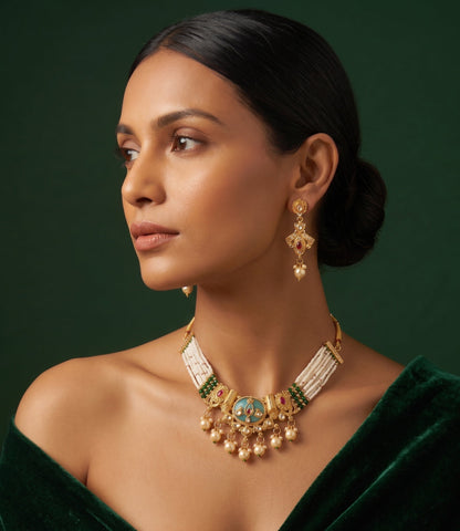 Gold-Toned Pearl Layered Necklace Set with Matching Earrings
