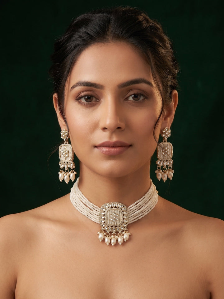 Gold-Toned Pearl Layered Necklace Set with Matching Earrings