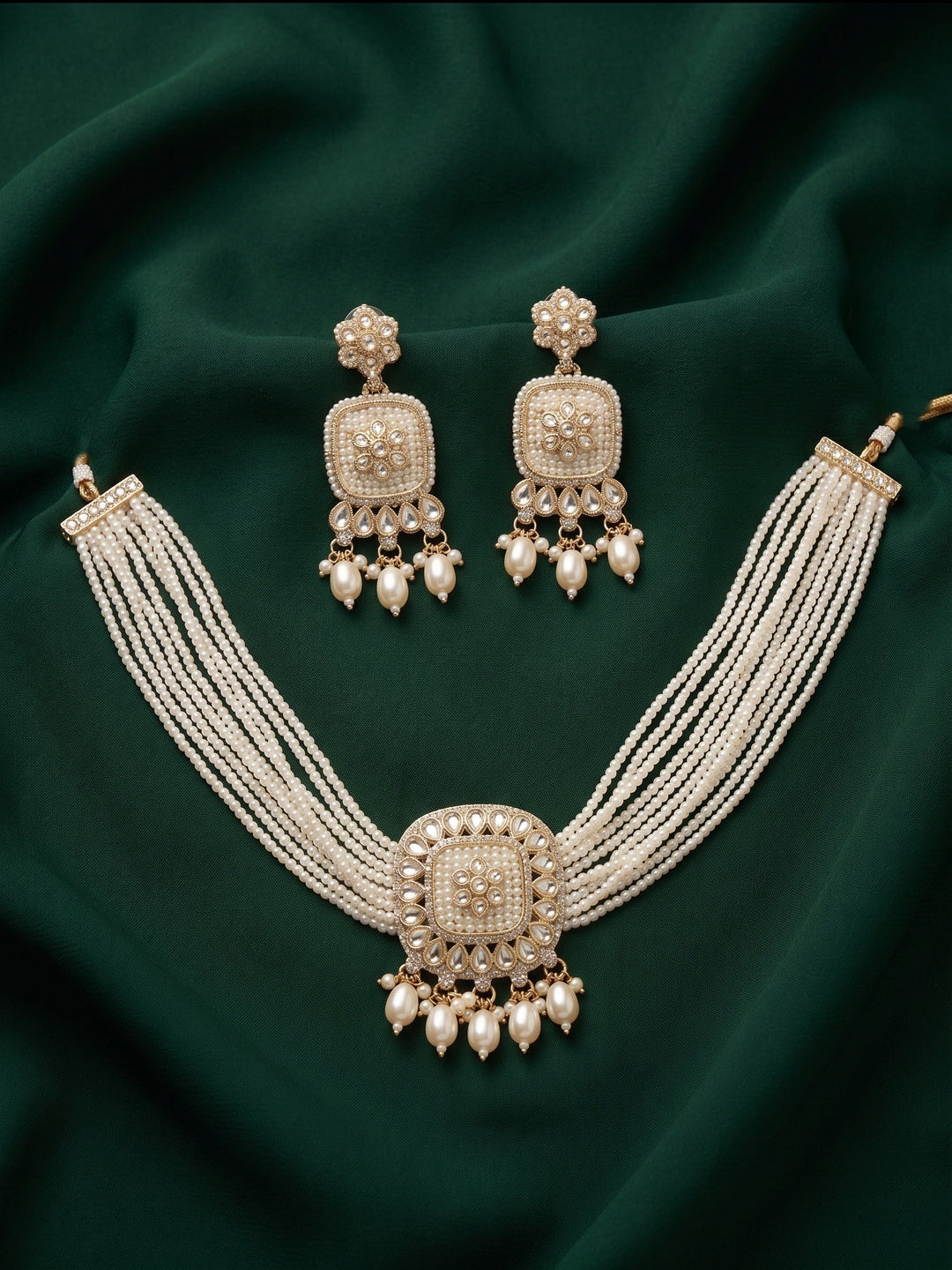 Gold-Toned Pearl Layered Necklace Set with Matching Earrings