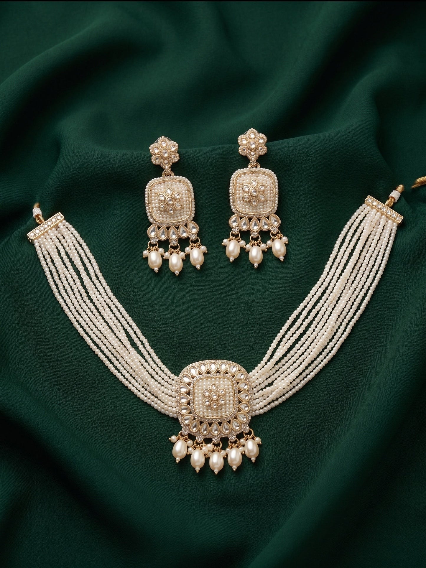 Gold-Toned Pearl Layered Necklace Set with Matching Earrings