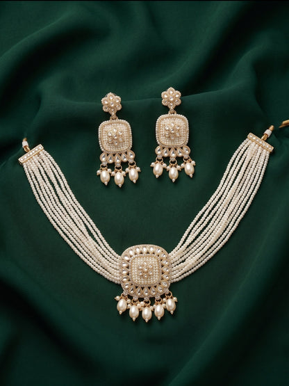 Gold-Toned Pearl Layered Necklace Set with Matching Earrings