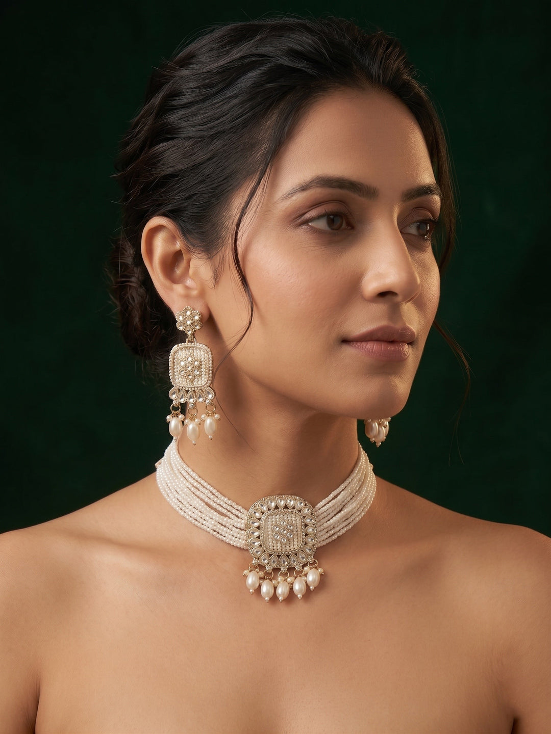 Gold-Toned Pearl Layered Necklace Set with Matching Earrings