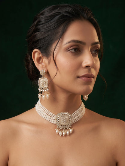 Gold-Toned Pearl Layered Necklace Set with Matching Earrings