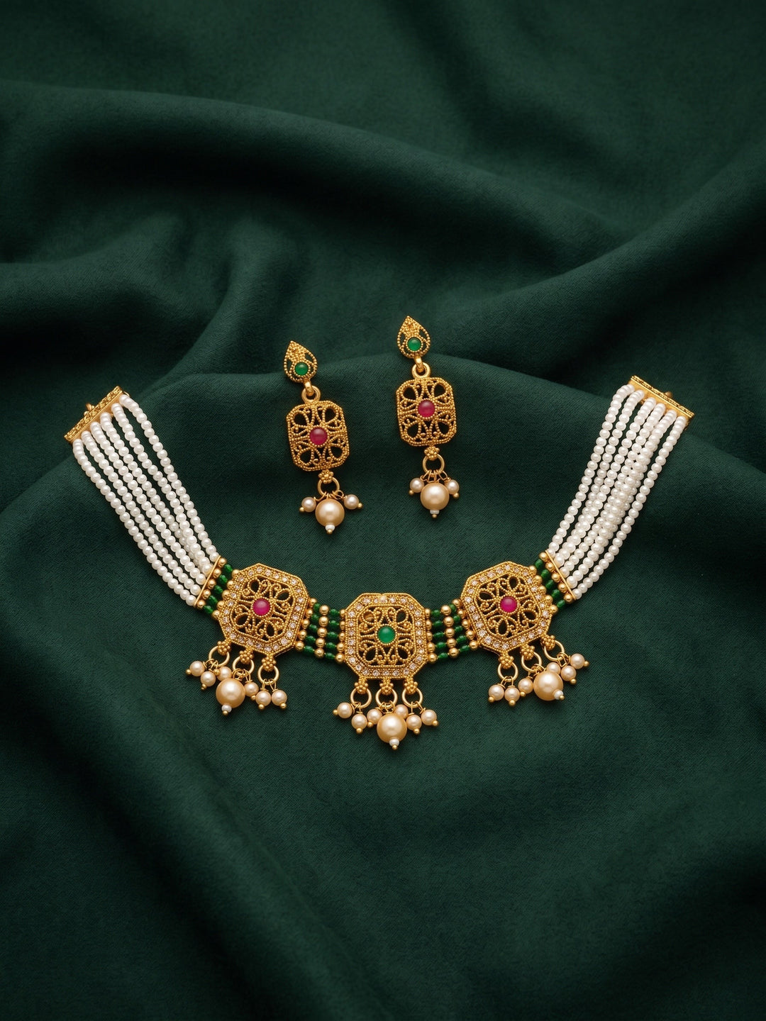 Gold Plated Treditional Choker Necklace &amp; Earrings