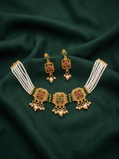 Gold Plated Treditional Choker Necklace & Earrings