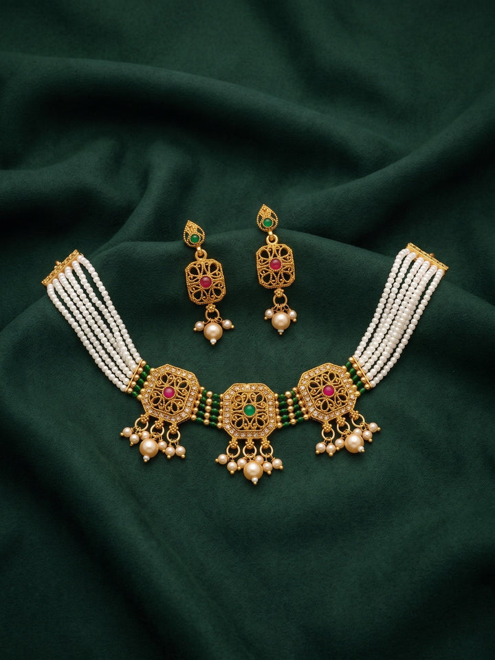 Gold Plated Treditional Choker Necklace &amp; Earrings