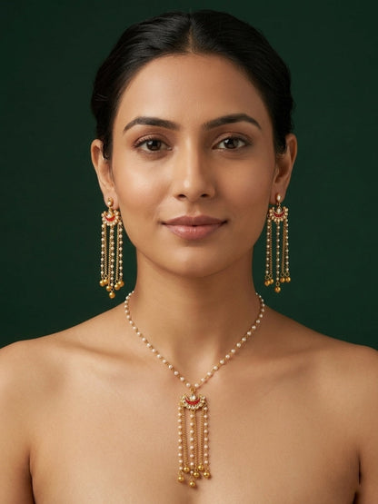 Gold-Toned Pearl Layered Necklace Set with Matching Earrings