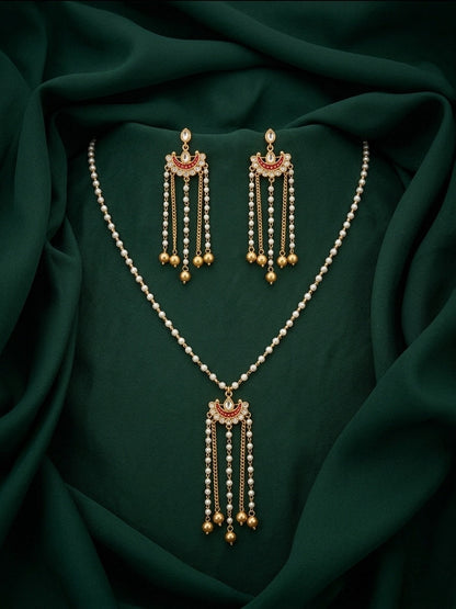 Gold-Toned Pearl Layered Necklace Set with Matching Earrings