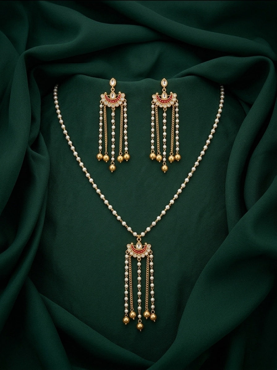 Gold-Toned Pearl Layered Necklace Set with Matching Earrings