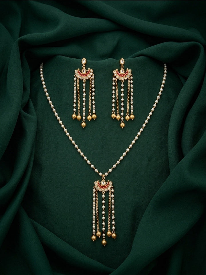 Gold-Toned Pearl Layered Necklace Set with Matching Earrings