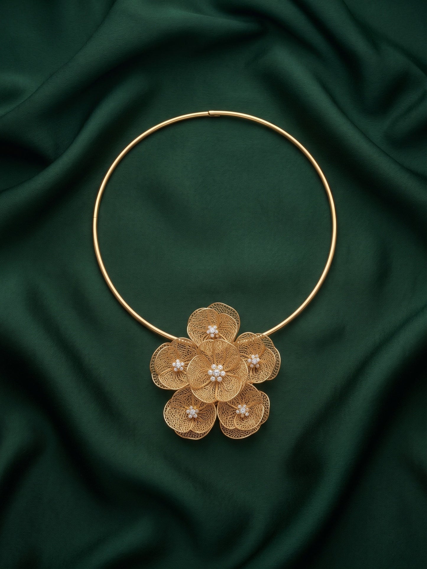 Women Gold-Plated Contemporary Filigree Floral Cluster Choker Collar Necklace