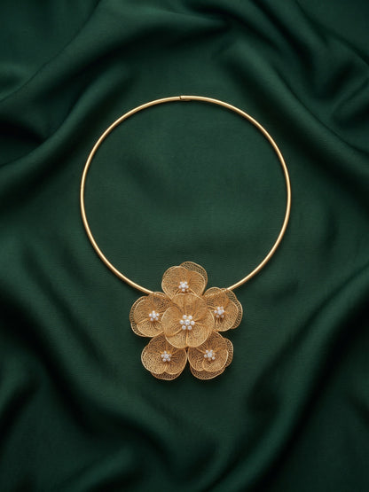 Women Gold-Plated Contemporary Filigree Floral Cluster Choker Collar Necklace