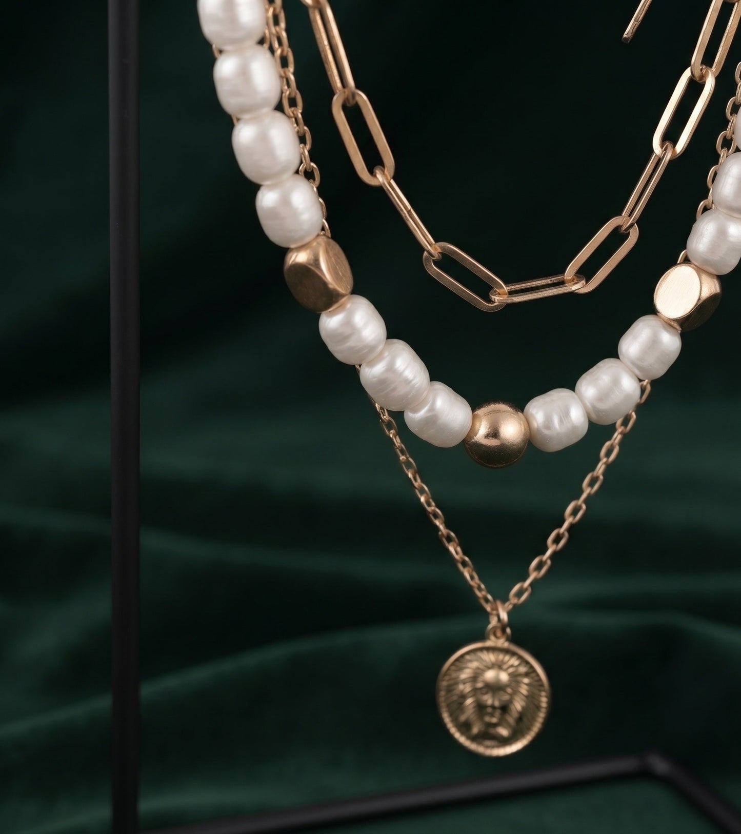 Gold-Toned Pearls & Chain Layered Necklace for Women
