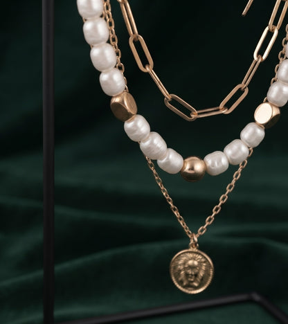 Gold-Toned Pearls & Chain Layered Necklace for Women