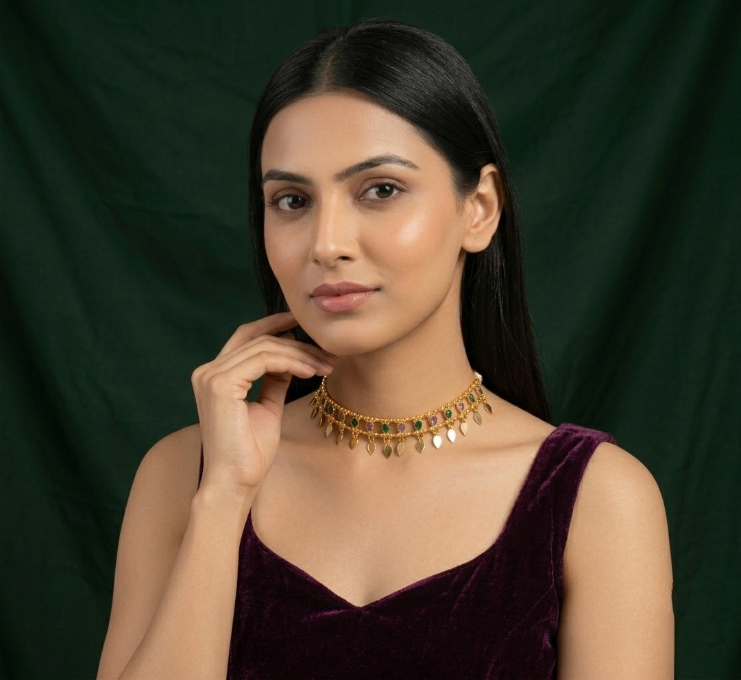 Women Gold-Plated Multicolor Stons Choker Necklace