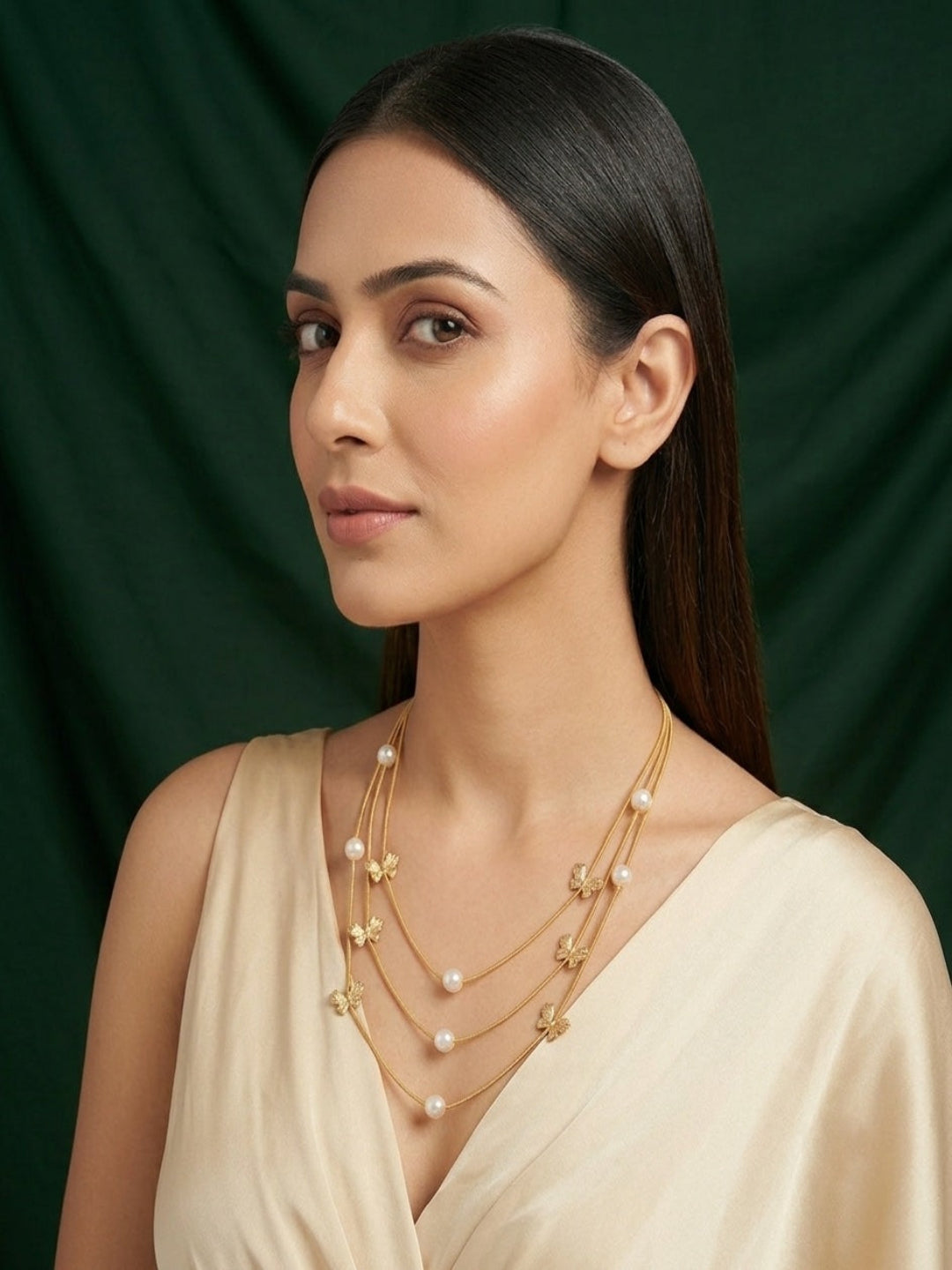 Gold-Toned Pearls & Bow Layered Necklace for Women