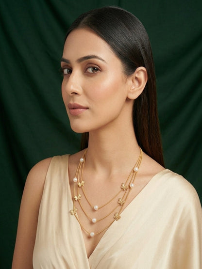Gold-Toned Pearls & Bow Layered Necklace for Women