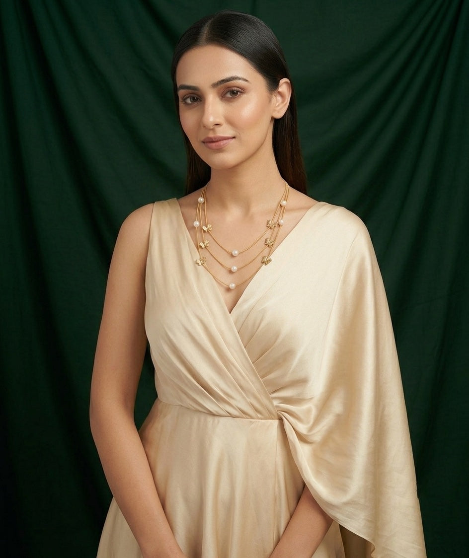 Gold-Toned Pearls & Bow Layered Necklace for Women