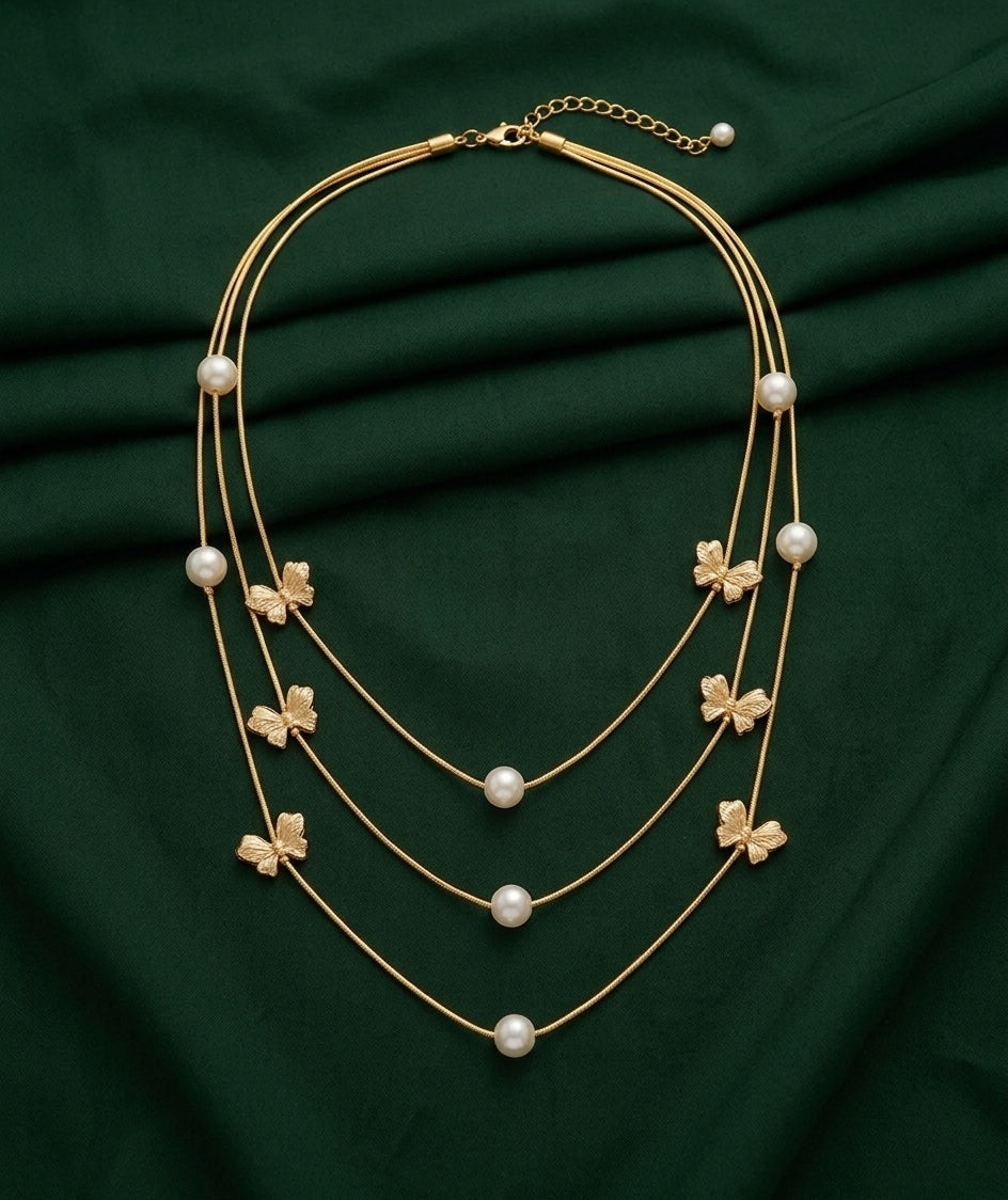 Gold-Toned Pearls & Bow Layered Necklace for Women