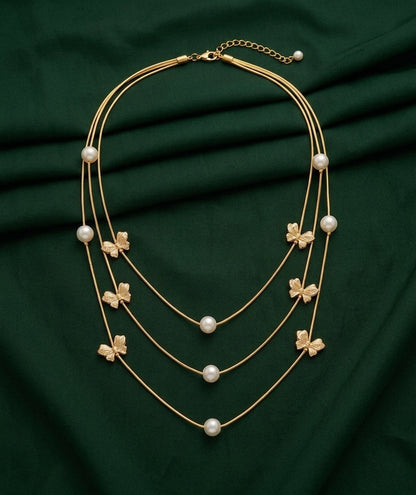Gold-Toned Pearls & Bow Layered Necklace for Women