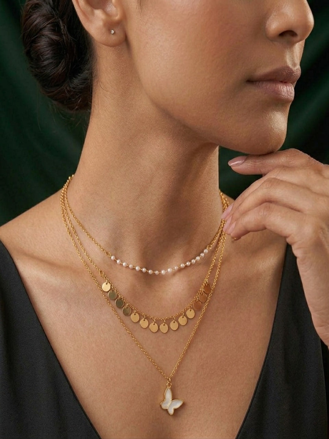 Gold-Toned Pearls & Chain Layered Necklace for Women