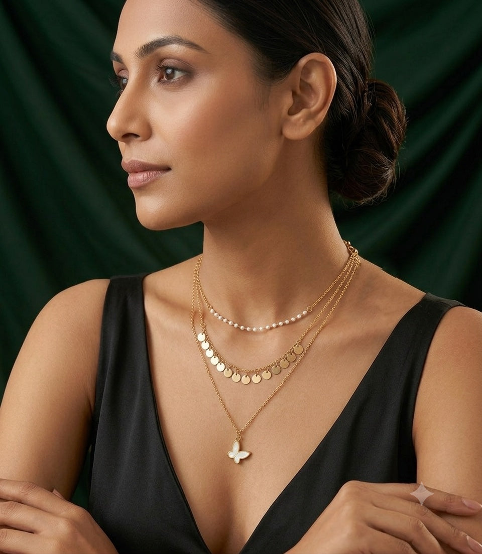 Gold-Toned Pearls & Chain Layered Necklace for Women