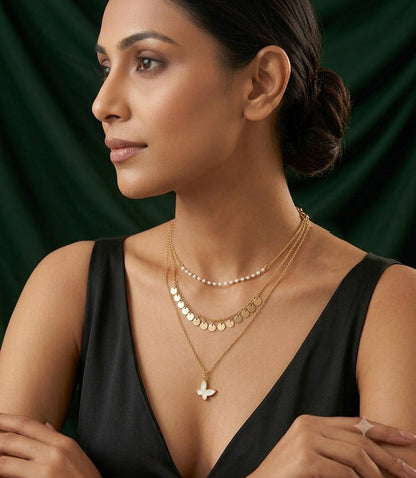 Gold-Toned Pearls & Chain Layered Necklace for Women