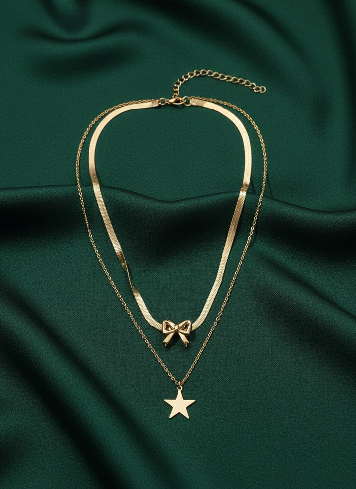 Fancy Star &amp; Bow Shaped Pendant Layered Chain