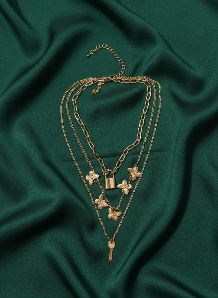 Classic Key-lock &amp; Butterfly Layered Chain