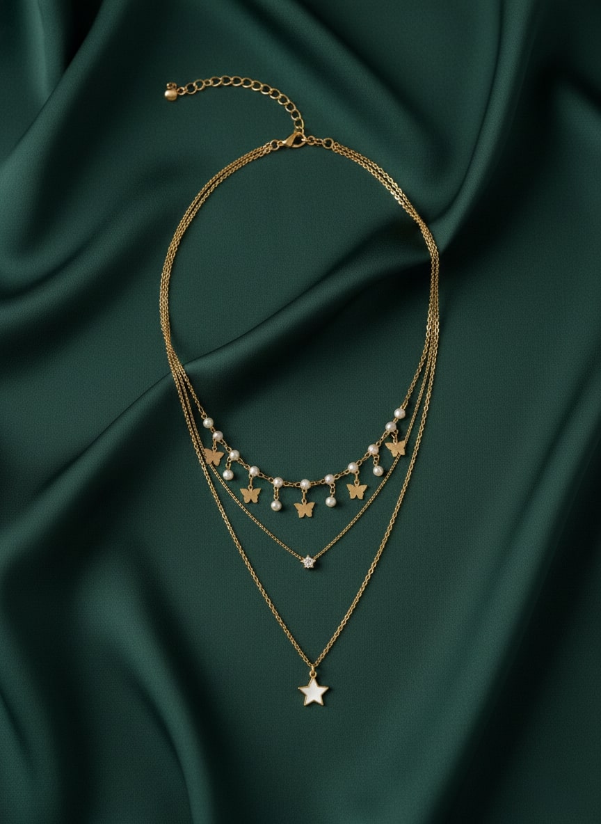 Fancy Star &amp; Beaded Multi Layered Chain Necklace