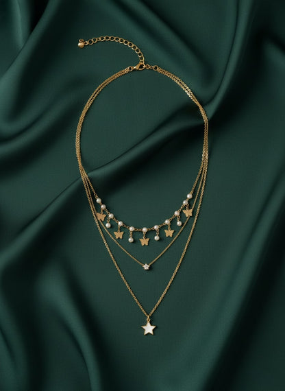 Fancy Star & Beaded Multi Layered Chain Necklace