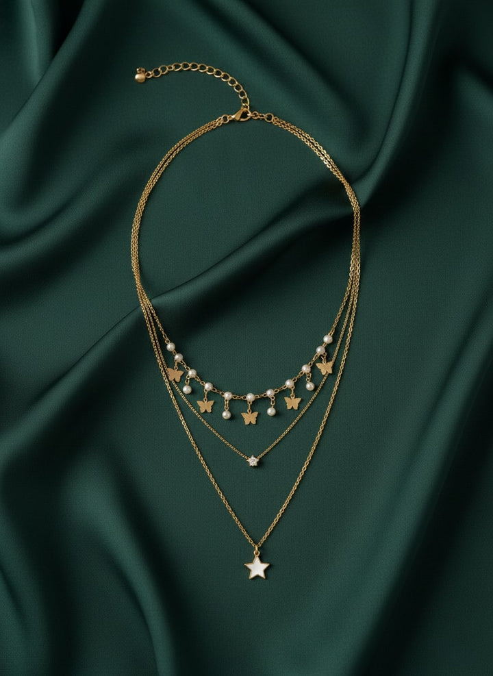 Fancy Star &amp; Beaded Multi Layered Chain Necklace