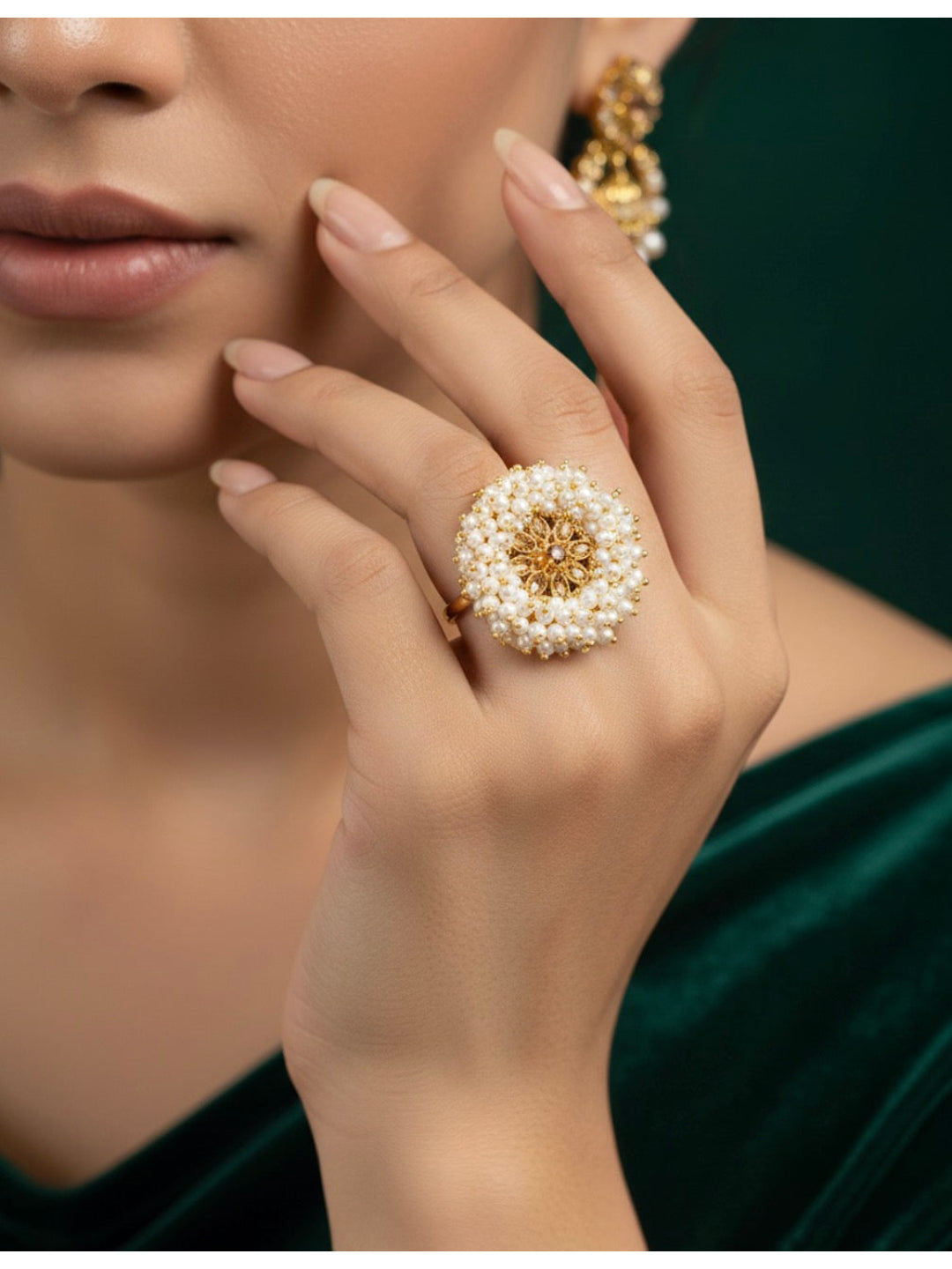 Gold Plated Ring With Beaded Flower
