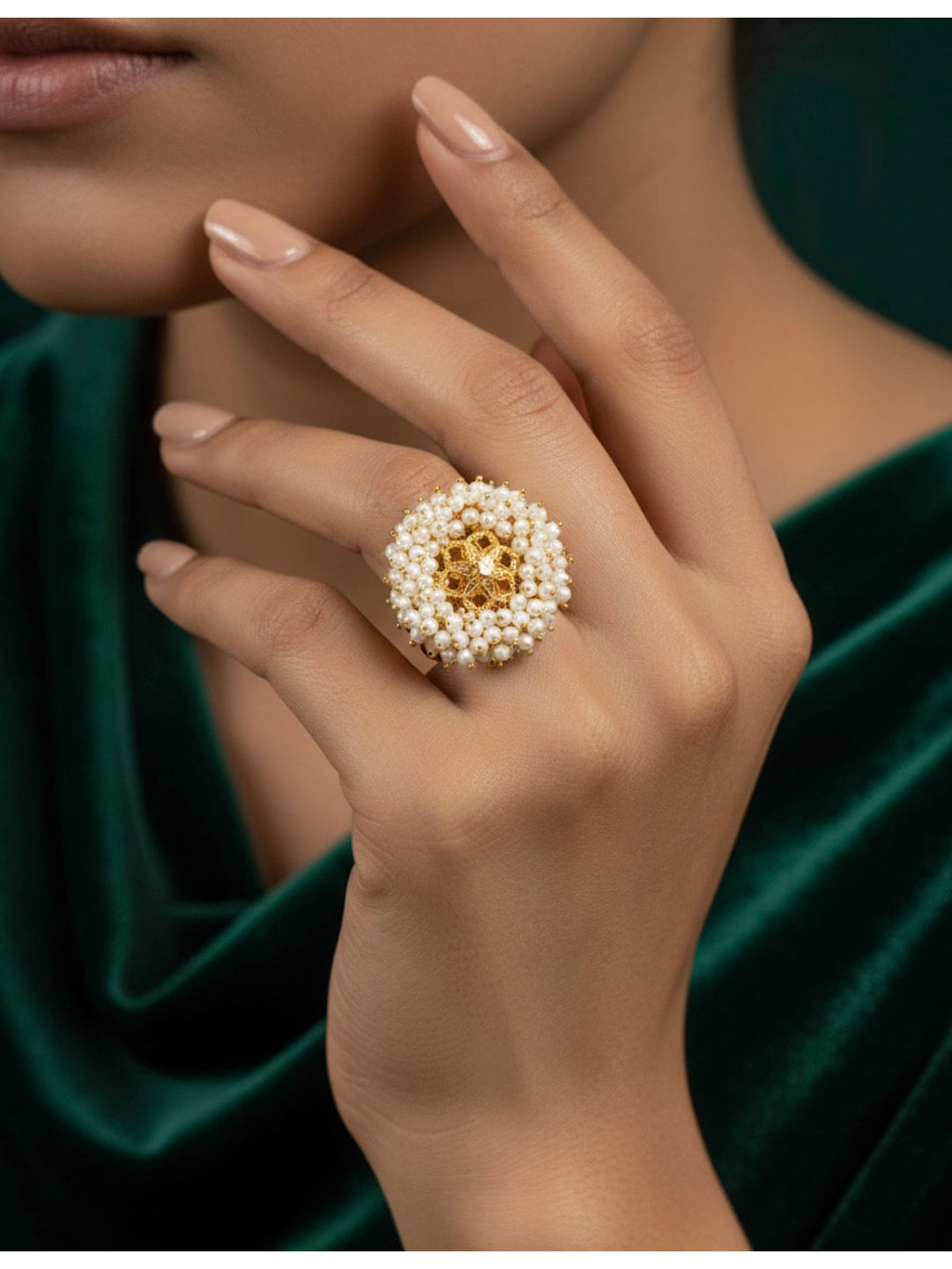 Fancy Golden Ring With Beaded Flower